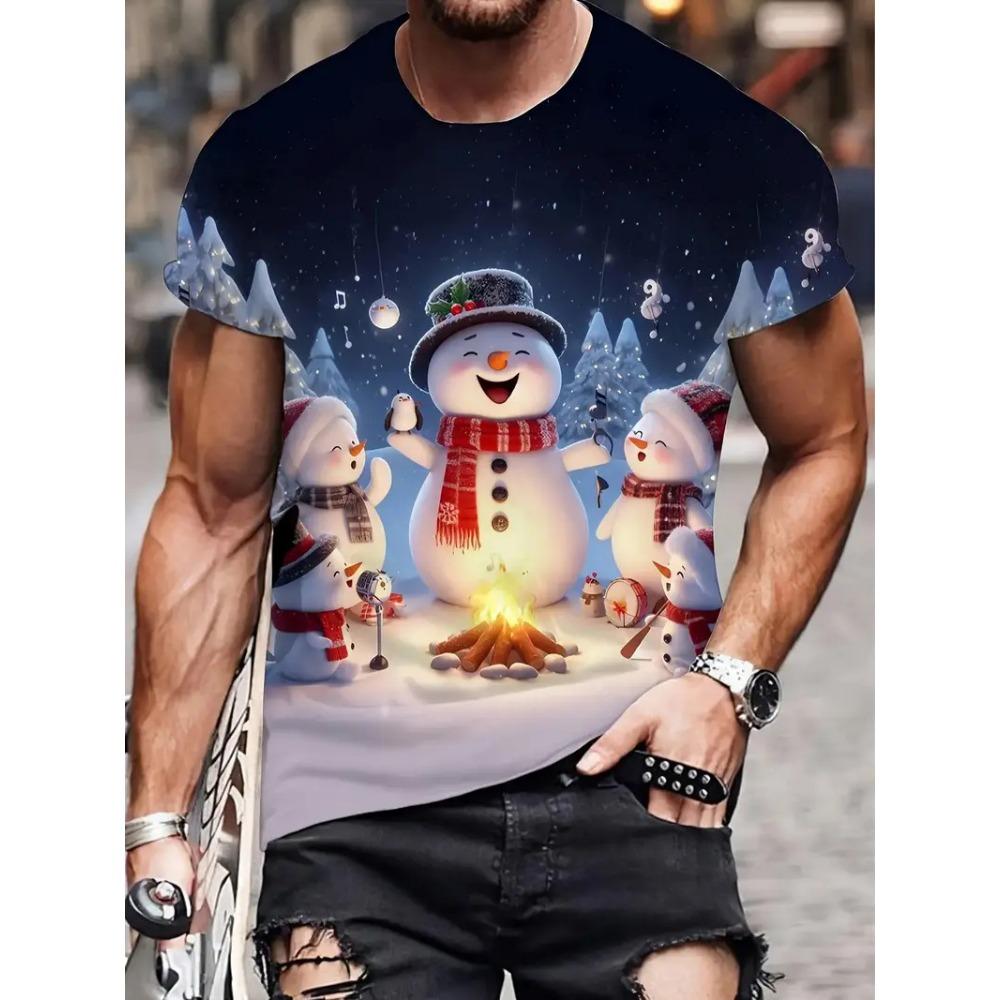 3D Printed Snowman Pattern Men's Spring Fashion Casual Christmas Theme Short-Sleeve T-Shirt, Loose and Comfortable Top