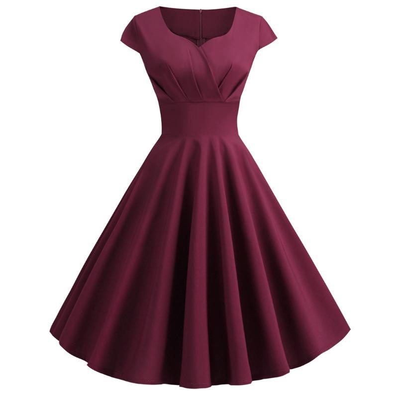 Hot-selling new retro women's clothing V-neck half-sleeved waist solid color pendulum dress, starting with one piece.
