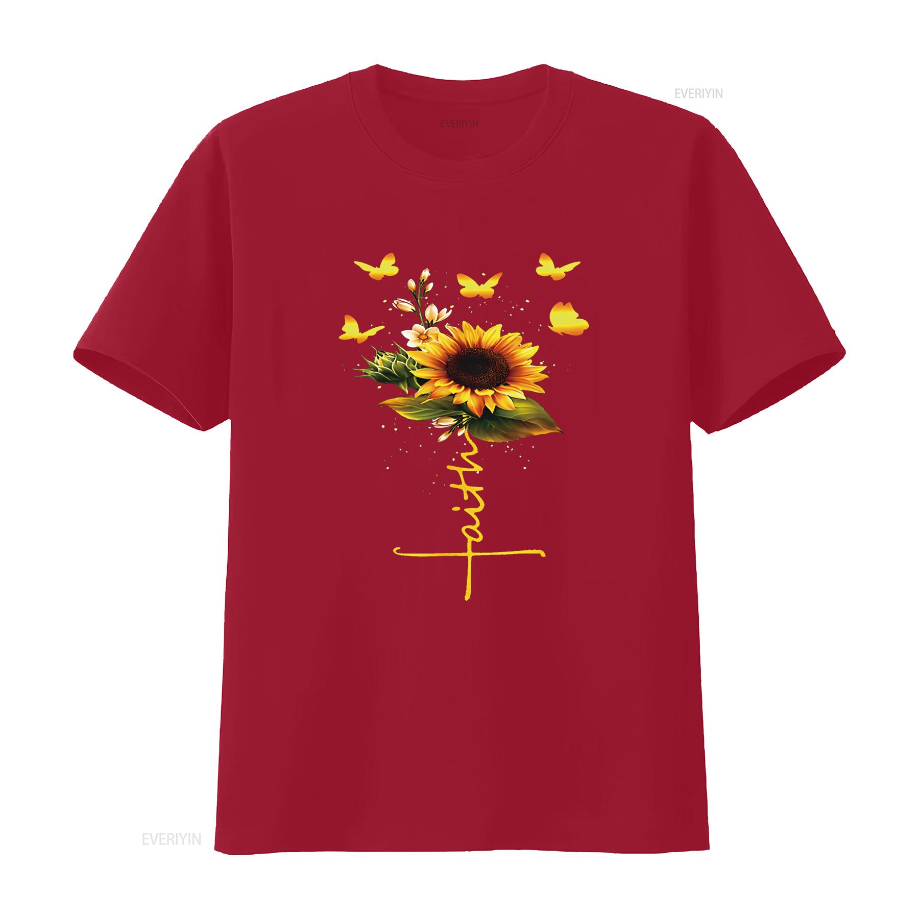 T Shirt for Women Vintage Faith Cross Sunflower Butterflies Flowers Christians Casual Tops Black Large vintage Washed homme S
