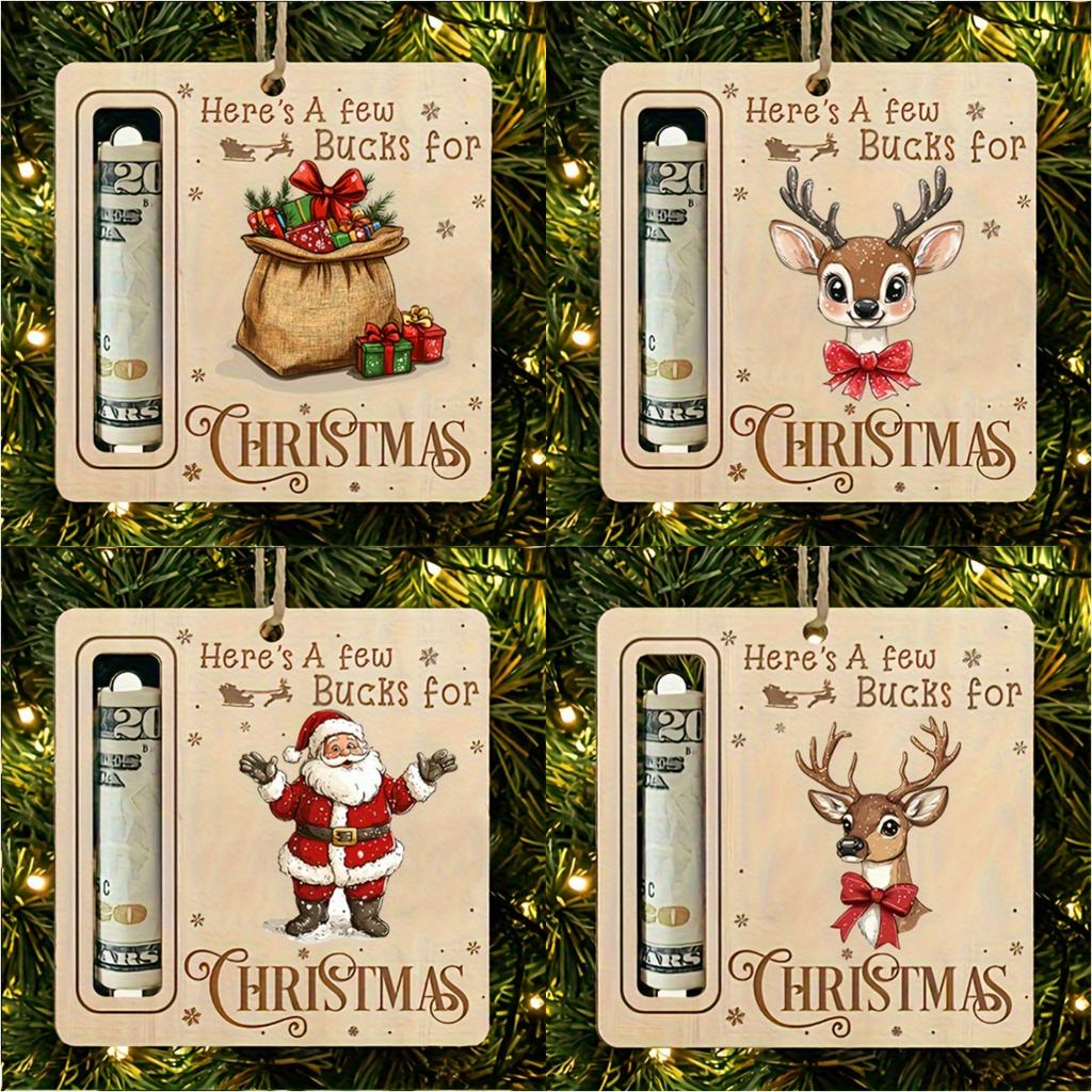 4pcs Christmas Gift Money Holder Ornament - Wooden Festive Tree Accessory with Santa, Reindeer Design, Christmas Party Ornaments