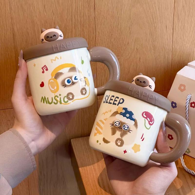 Cute Siamese cat ceramic cup with lid girl high-value drinking cup couple ceramic coffee cup birthday gift