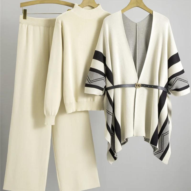 

Корейские элегантные вязаные комплекты из 3 предметов Женский свитер-пуловер+шикарный дизайн Шаль Топы Conjuntos Брючный костюм с высокой талией и широкими штанинами Новый One size бежевый
