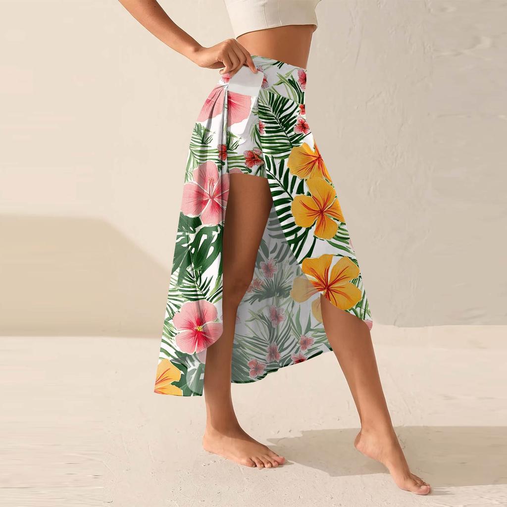 Women's Fashion Casual Printed Slit Ruffle High Waisted Fluttering Shorts Skirt
