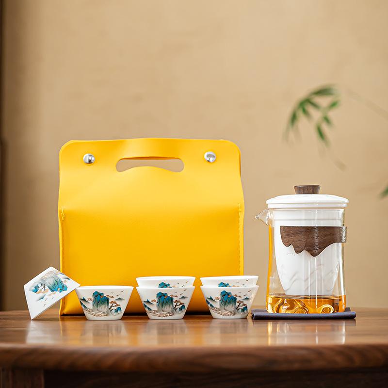 Travel tea set suet jade white porcelain kung fu tea set leather bag portable glass teacup gift