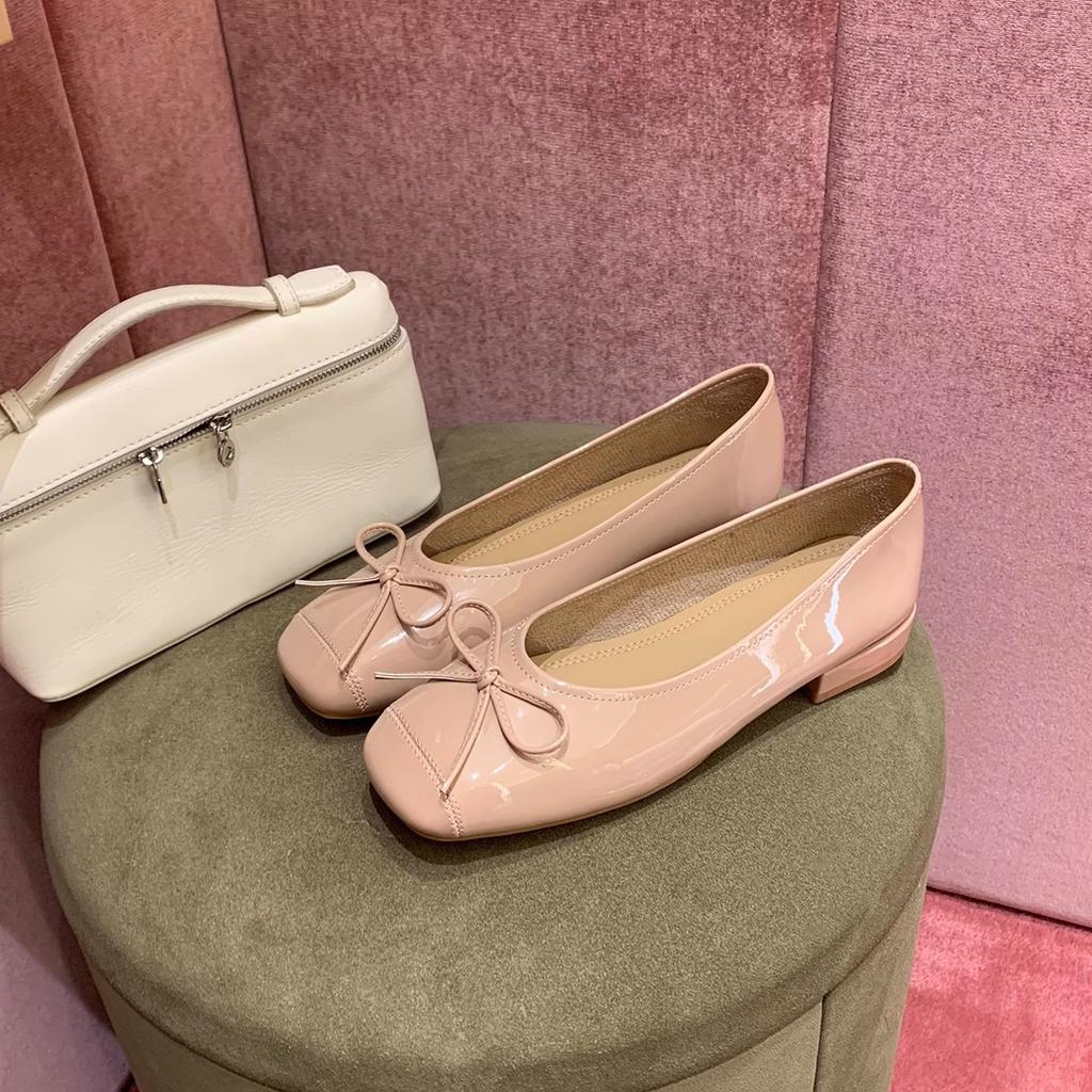 Cowhide Sweet Temperament Versatile Bow Square Head Thick Heel Ballet Style Leather Single Shoes Women