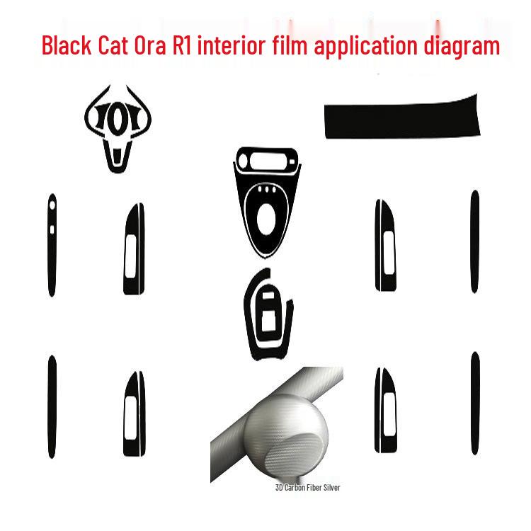 Carbon Fiber Interior Decor Stickers for Black Cat Ora R1: Central Control, Gear Position, and Door Panels