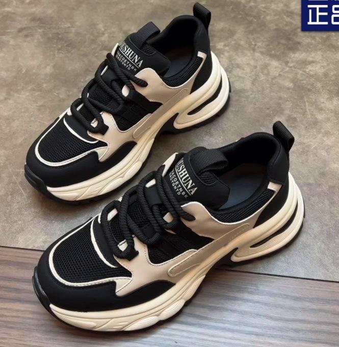 

Обувь для папы небольшого роста, весна и осень 2025 года, новая корейская версия, модная повседневная спортивная обувь со шнуровкой и цветовым сочетанием из сетки 40 чёрный