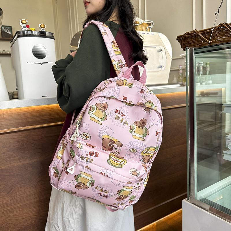 Adorable Cartoon Style Nylon Backpack For Students Trendy Design Large Capacity