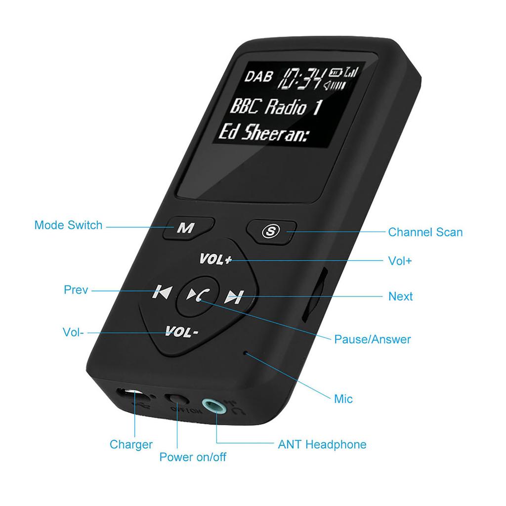 Portable DAB DAB+ Pocket Digital Radio Receiver Bluetooth MP3 Player with Earphone