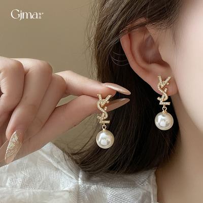 Real Gold Electroplated Zircon Letter Pearl Stud Earrings French Retro Earrings Women