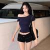 Korean Blue Off-Shoulder Short Sleeve T-Shirt for Women, 2025 Summer Slim Fit