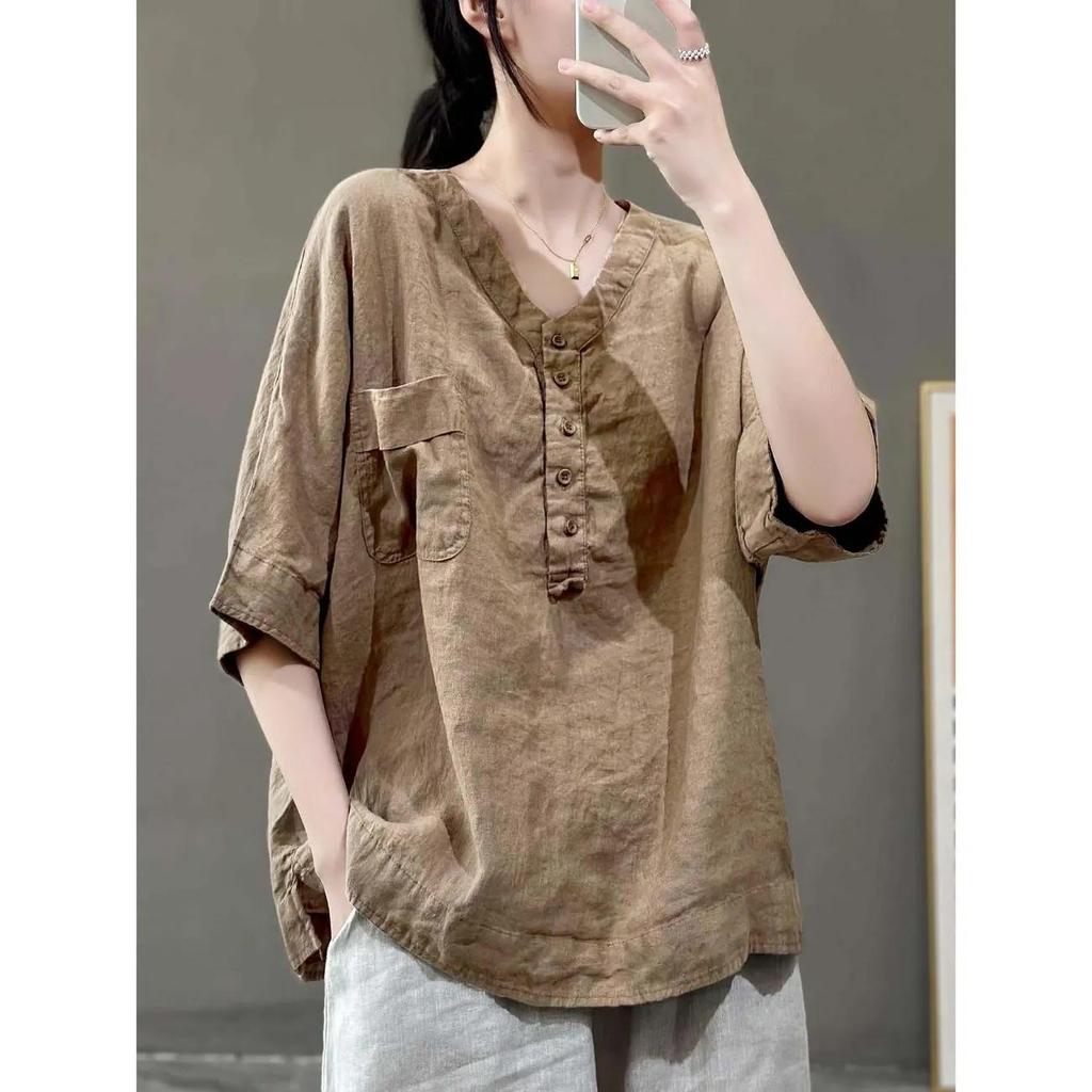 Damen Sommer Dünnes V-Ausschnitt Einfarbig Vintage T-Shirt Kurzarm Lässig Locker Pullover Oberteile