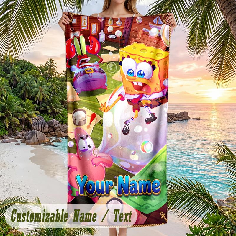 SpongeBob Beach Towel, Personalized Custom Text, Quick Dry Soft Large Towel For Swimming Pool Travel