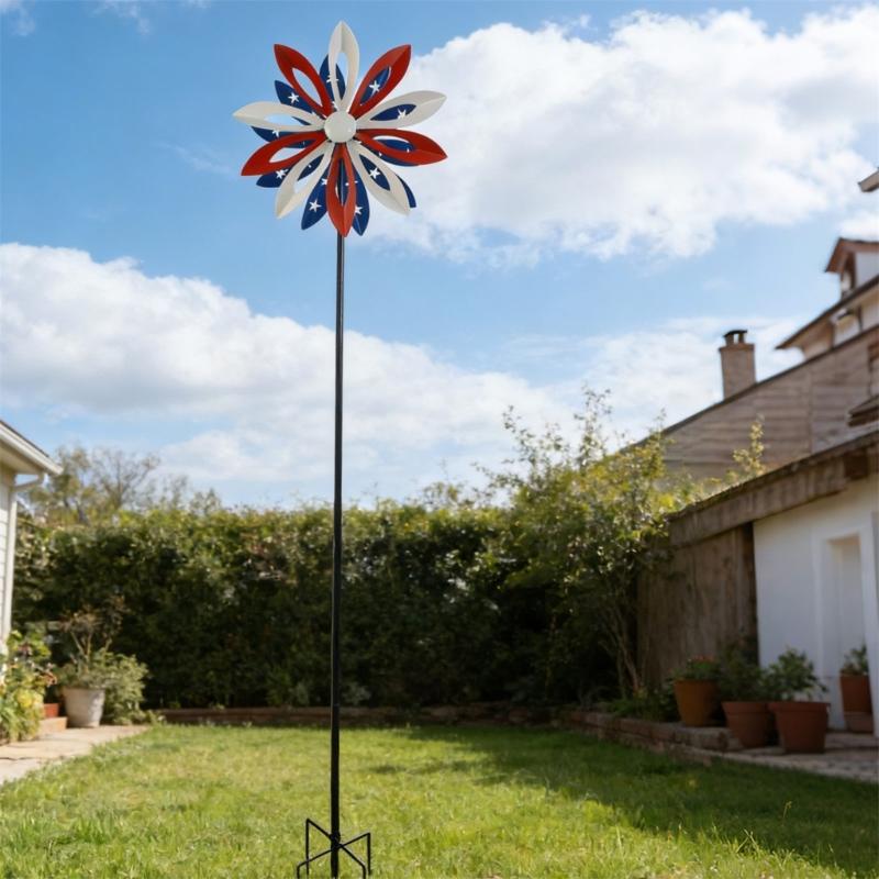 Metal Windmill Feature With Bright Red And Dark Blue Blades Great For Garden Landscape Lawn Yard And Deck Enhancement