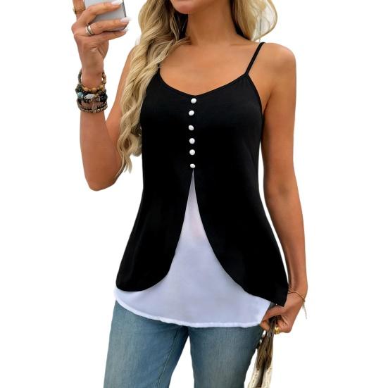 

Women Tops V Neck Sleeveless Soft Stretchy Sling T-Shirt Buttons Decor Fake Two-Piece Design Mid-length Tee Shirt Daily Wear XXXL чорний