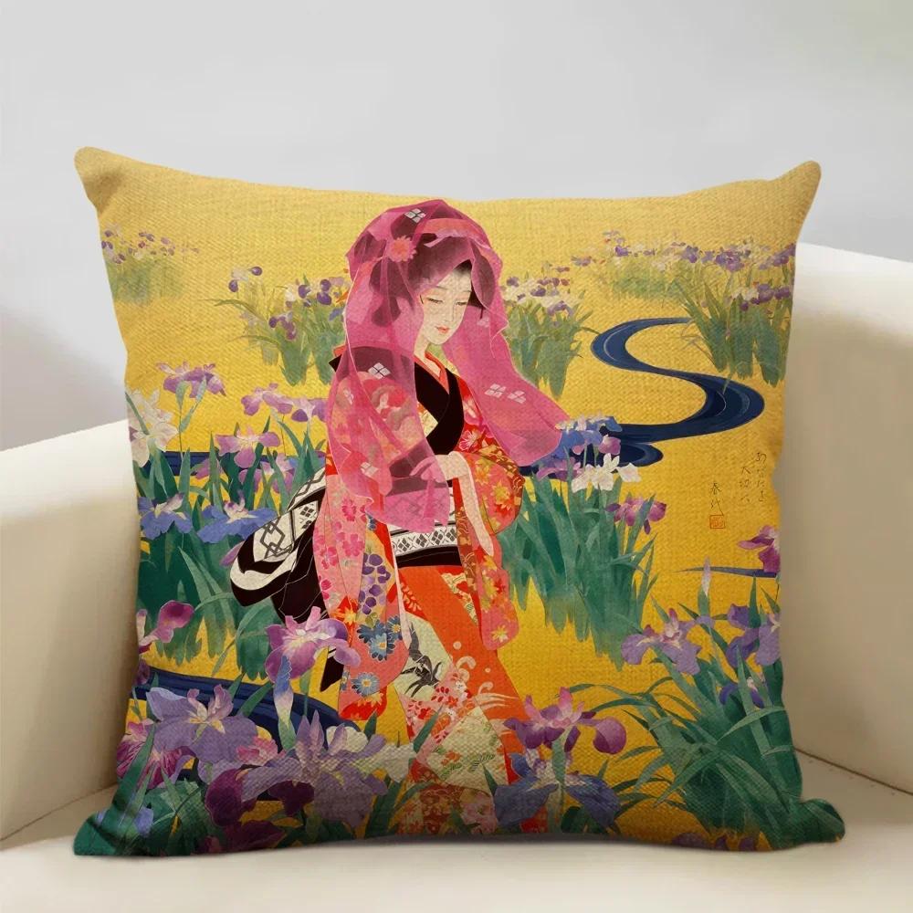 Classic Japanese Lady Decorative Cushion Cover Living Room Sofa Pillow Case 45x45cm Linen Pillowcase Home Art Decor