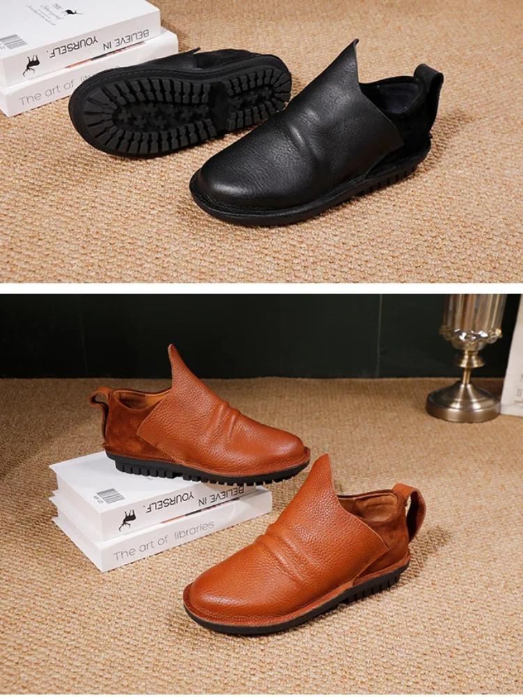 Johnature Miękka Skóra Bydlęca Damskie Wsuwane Buty Skórzane Miękka Podeszwa Retro Wszechstronne Płaskie Botki