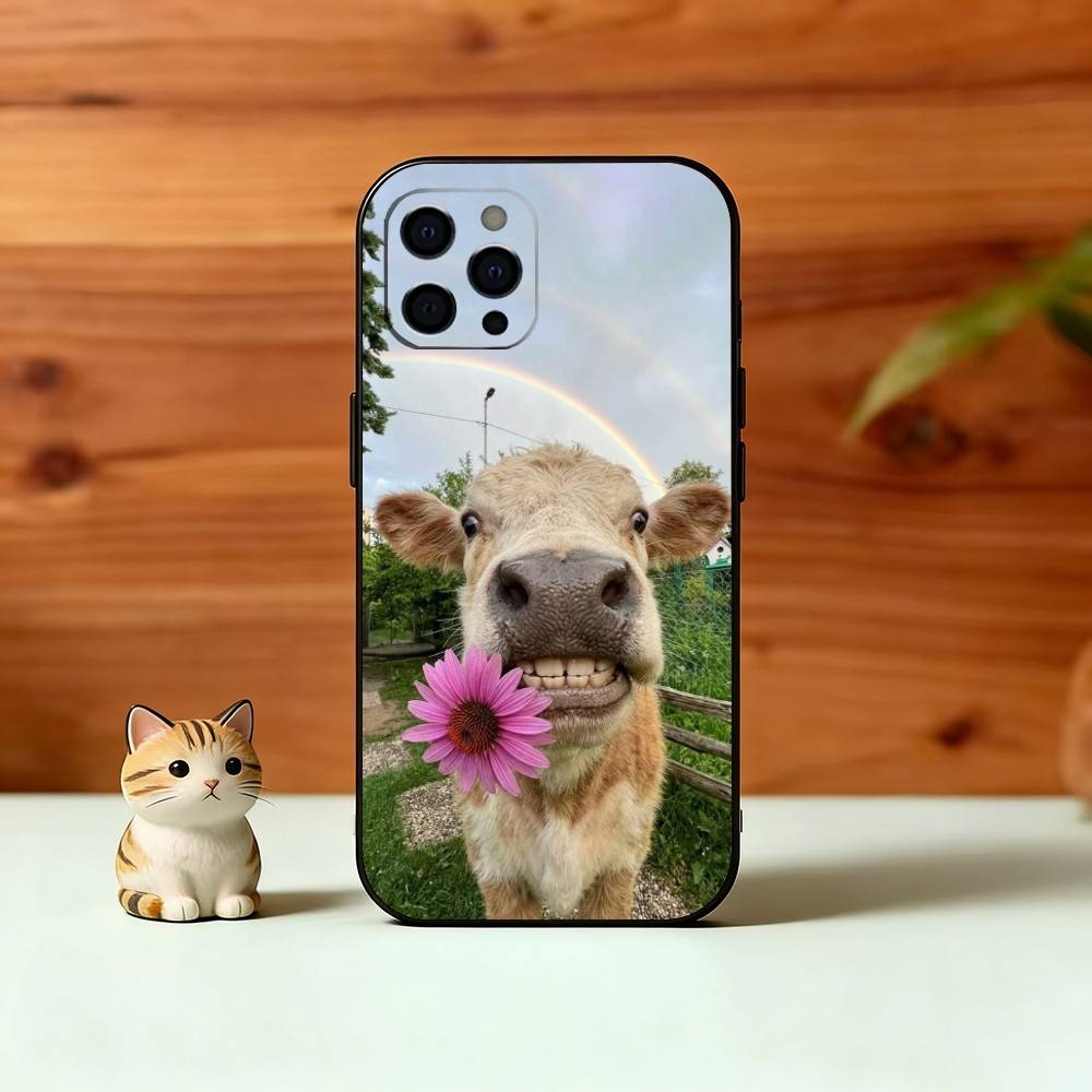 Cute Cattle Phone Case For iPhone 17,16,15,14,13,12,11 Plus,Pro Max,XS,Soft Silicone Black Cover