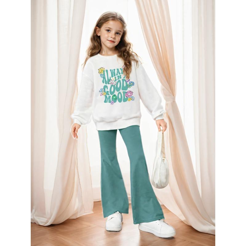 Children's Clothing Girls Floral English Patterns Off-Shoulder Pullover Flared Pants Two-Piece Set Blue-Green Pants Comfortable and Versatile Set