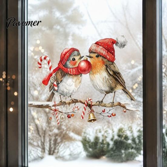 Seasonal Home Decorations Christmas Birds on Tree Branch Wall Sticker, Cute Watercolor Bird Decal Festive Balcony Glass Decor with Ball, Candy