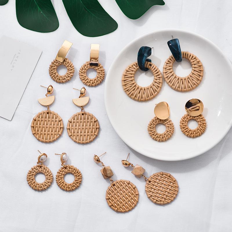 Korea Bohemia Handmade Geometric Drop Earrings For Women Imitation Rattan Straw Weave Knit Vine Earring Vacation Party Jewelry