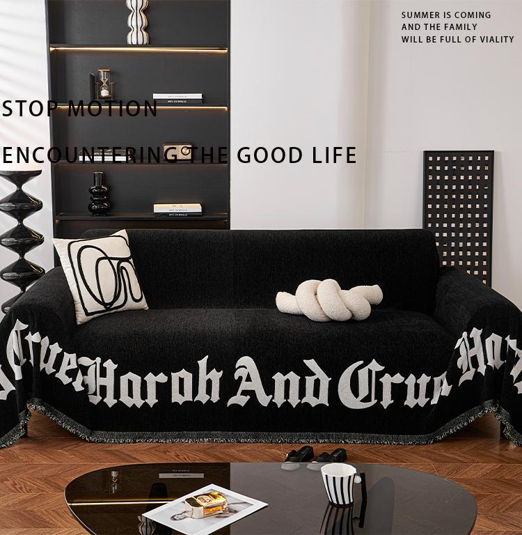 Black Monogrammed Sofa Towel, Anti-Scratch Sofa Towel, Living Room 3 Seater Sofa, Sofa Protector, All Seasons Easy To Clean
