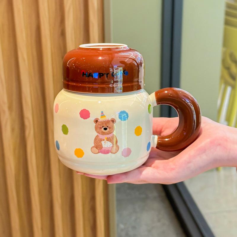 Milk fufu cute bear kettle large capacity ceramic mug with lid spoon couple coffee cup female birthday gift