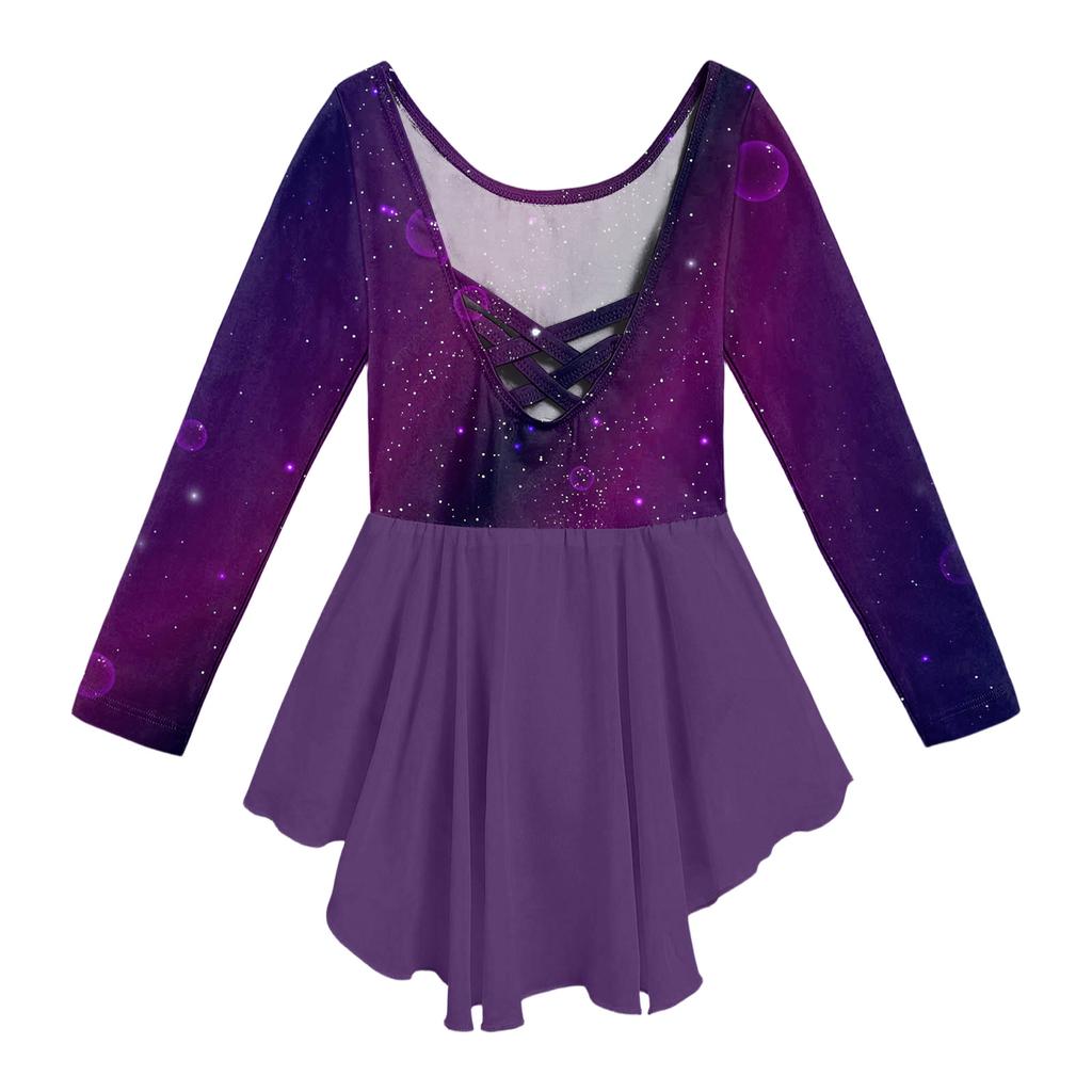 Girls' Color-blocked Romper Long-sleeved Tulle Dress Dance Costume