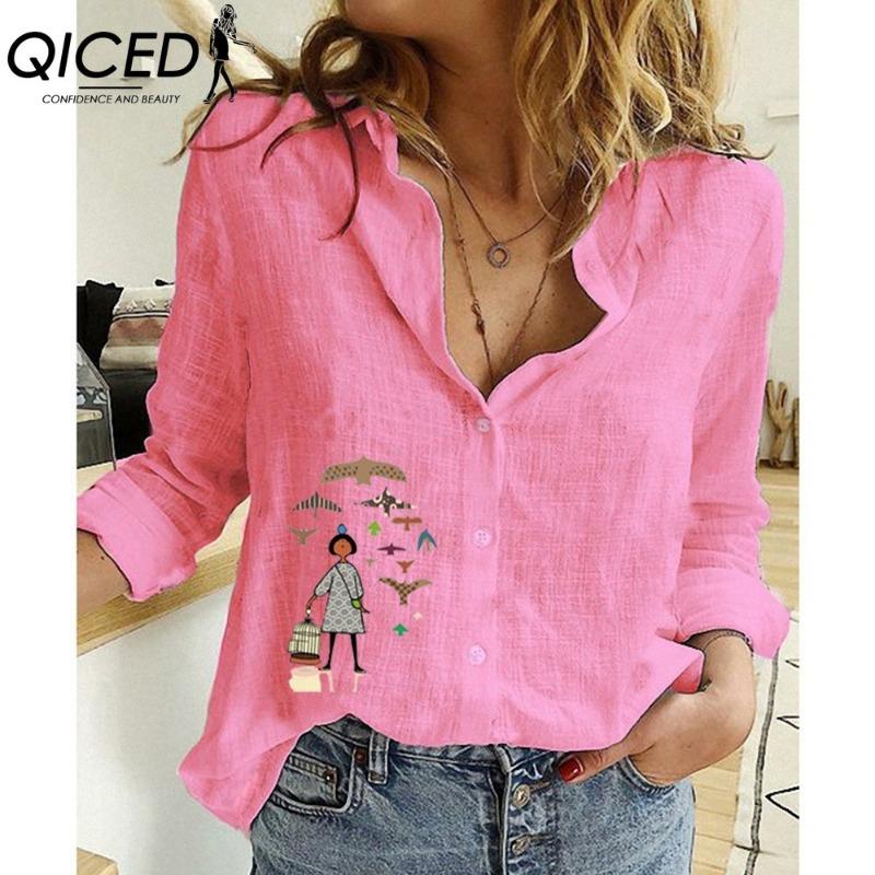 QICED Blusas y Camisas Casuales de Moda para Mujer con Estampado de Peces Pequeños, Manga Larga y Cuello Polo