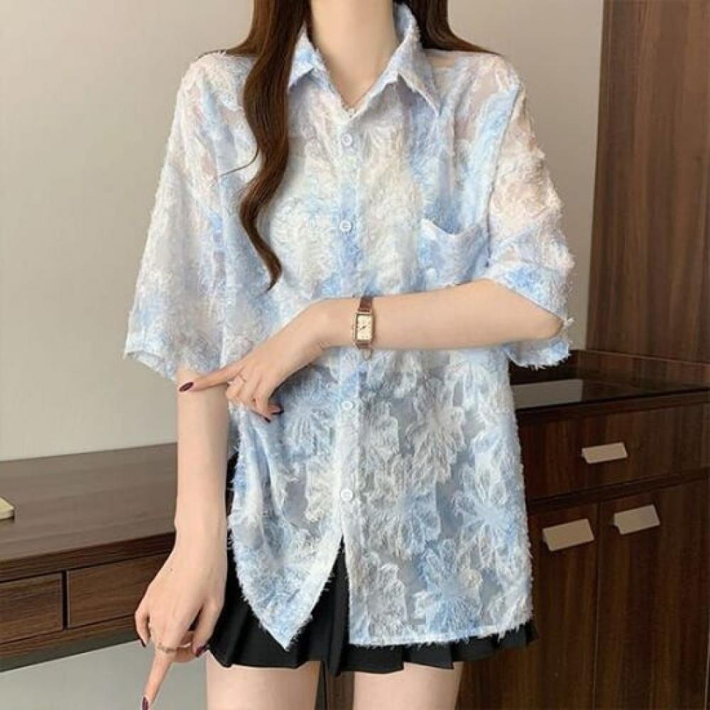 Navava Women Flower Lace Sheer Short Sleeve Shirt Nb2645