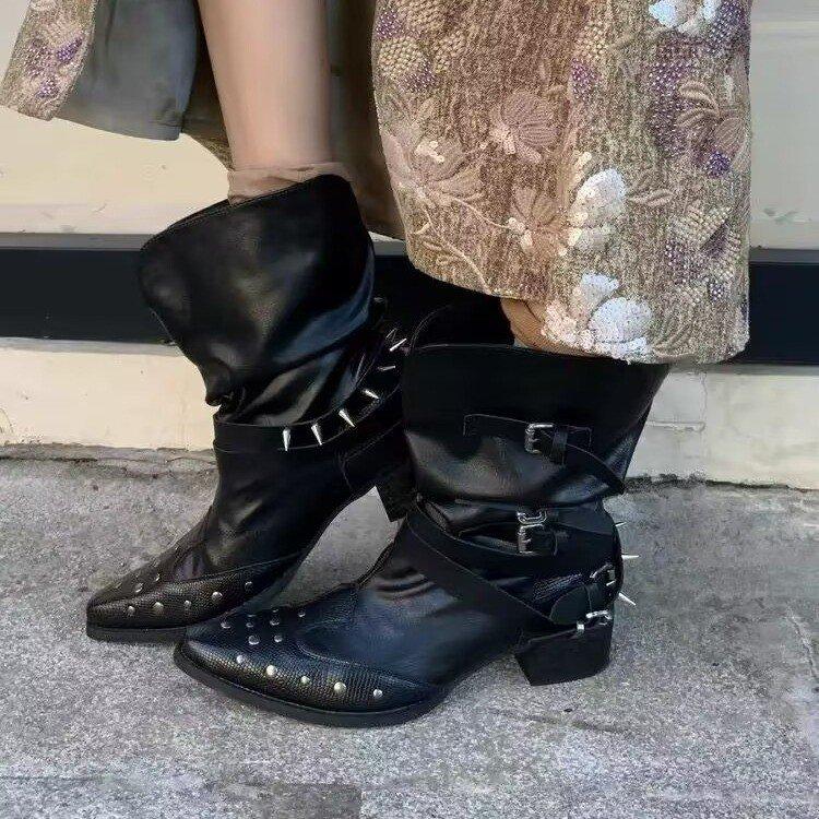 Short Western Cowboy Boots Women's Rivets 2025 Summer New Boots Retro Spice Girls Pointed Pile Boots Martin Boots