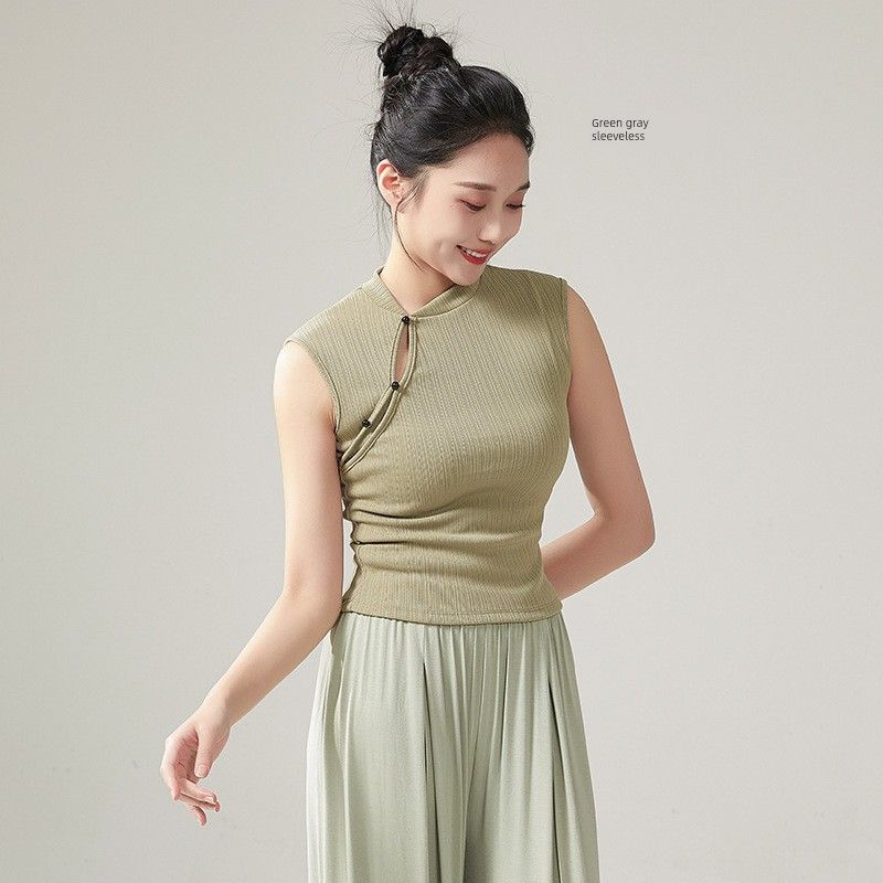 

Classical Dance Practice Clothes Women s Chinese Style Improved Cheongsam Dancing Dress Tops Modern Dance Sleeveless Tank Top Green gray sleeveless L