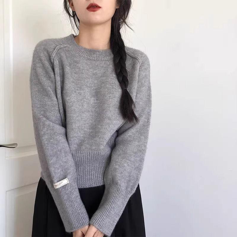 New Korean Chic Round Neck Loose Sweater Women Winter Solid Bottoming Shirt Knitted Tops Simple Design Casual Pullover