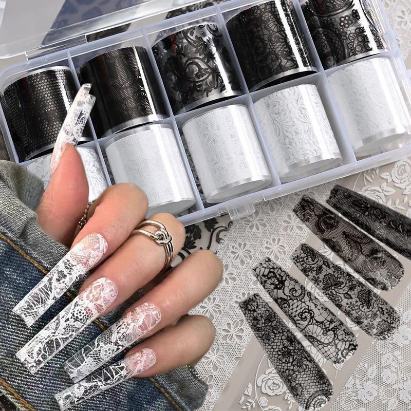10rolls Black White Lace Nail Foils Stickers Sexy Flowers Design Nail Arts Decals Nails Salon Adhesive DIY Manicure Styling Tool