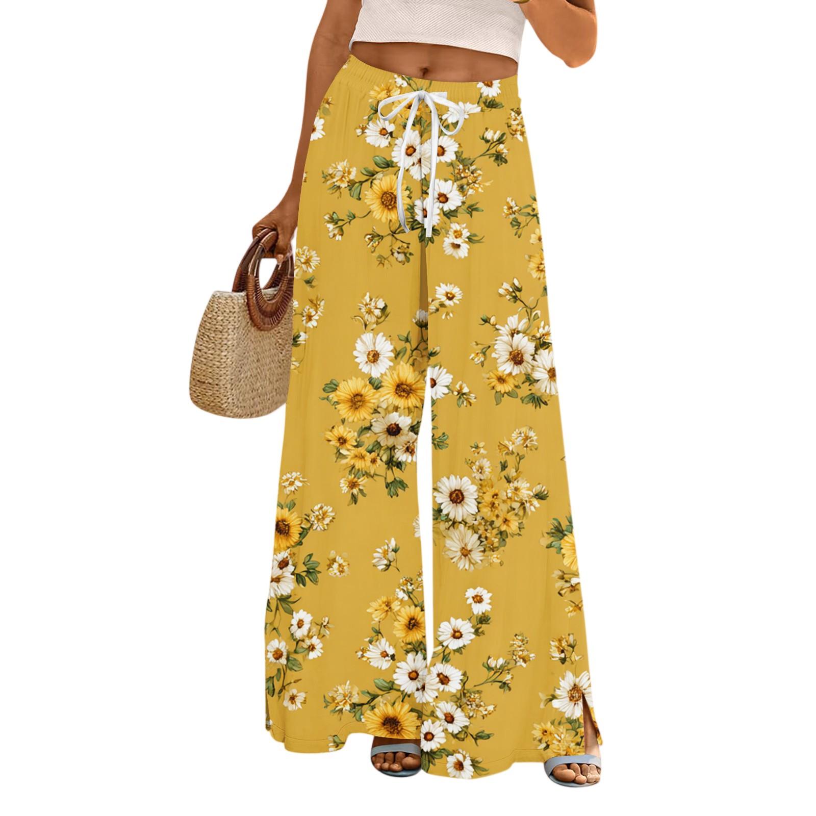 

Женские повседневные брюки с широкими штанинами, эластичным поясом, карманами, цветочным принтом и регулируемой завязкой XL жёлтый