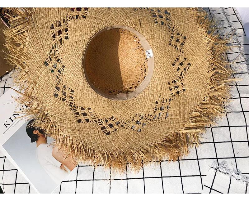 New Summer Straw Hat Hollow Ladies Beach Sun Hat Womens Large Brim Leisure Solid Color Fur Edge Raffia Straw Hat
