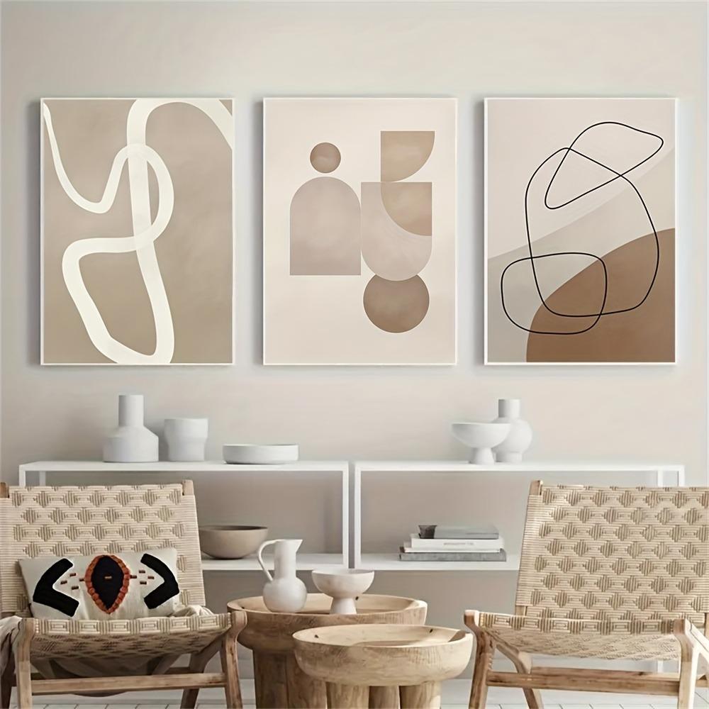 3pcs Frameless Modern Beige and Brown Geometric Canvas Prints,Abstract Line Art Posters,Retro Minimalist Wall Decor,Bohemian