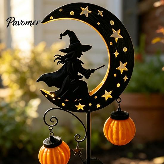 Unique Halloween Gifts for Home Solar Witch Pumpkin Moon Garden Stake Light, Waterproof on Crescent Powered Decorative Stakes with Lantern,