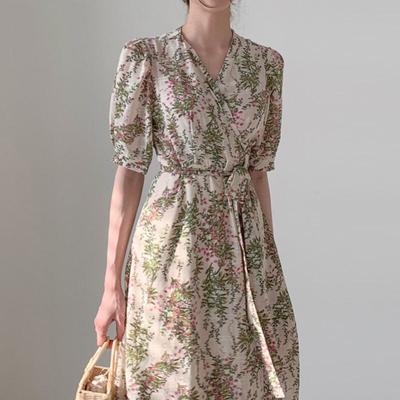 Elegancka letnia sukienka w kwiaty kobiety w stylu vintage zasznurować rozcięcie seksowna sukienka na imprezę elegancka na co dzień długie sukienki z nadrukiem szata Vestidos 14518