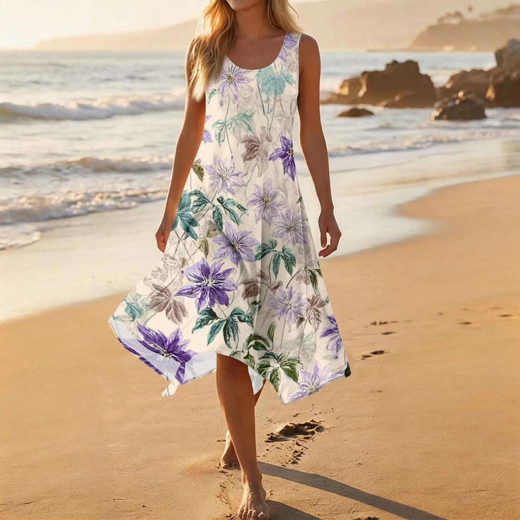 Women Sleeveless Crew Neck Floral Print Asymmetric Hem Midi Dress Casual Loose Fit Summer Sundress for Daily Wear