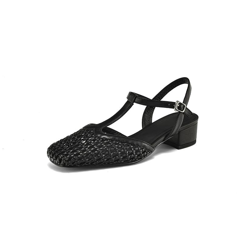 

Fashion NEW Summer Women Sandals Fabric Shoes for Women Square Toe Chunky Heel Shoes Cover Toe Slingback Sandals Weave Mary Janes Shoes 34 чёрный