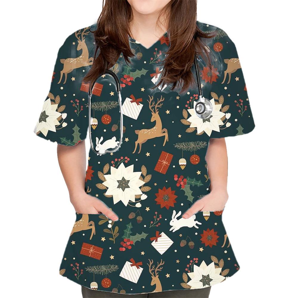 Санитарная униформа женская с принтами V-образный вырез короткий рукав карманы из микроэластичного материала топы клиническая униформа женская медсестра S