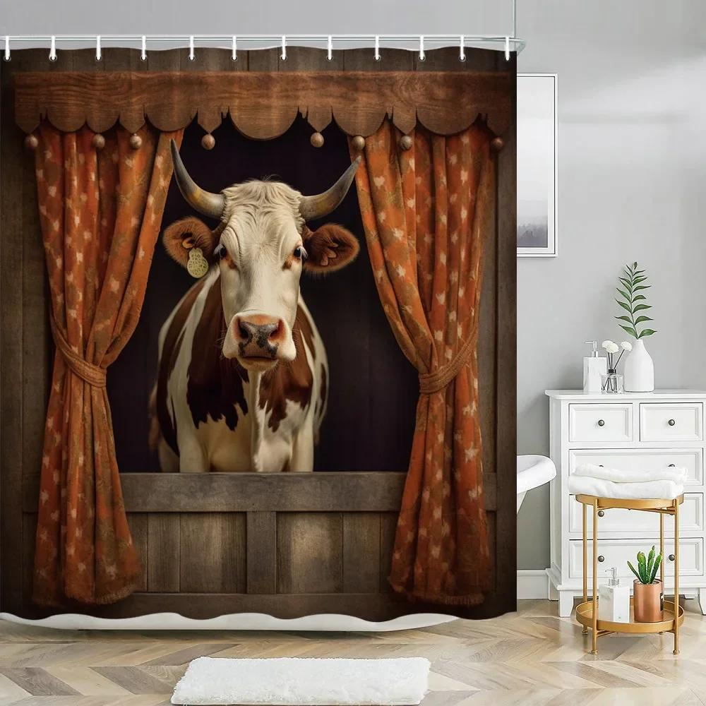 Funny Bulldog Fabric Shower Curtain Bear Deer Cow Forest Animal Vintage Style Polyester Fabric Art Shower Curtain Bathroom Decor