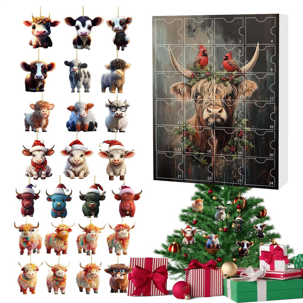 Highland Cow Christmas Countdown Calendar Highland Cow Figure Ornaments 24pcs 2D Flat Xmas Tree Highland Cow Pendant 2025