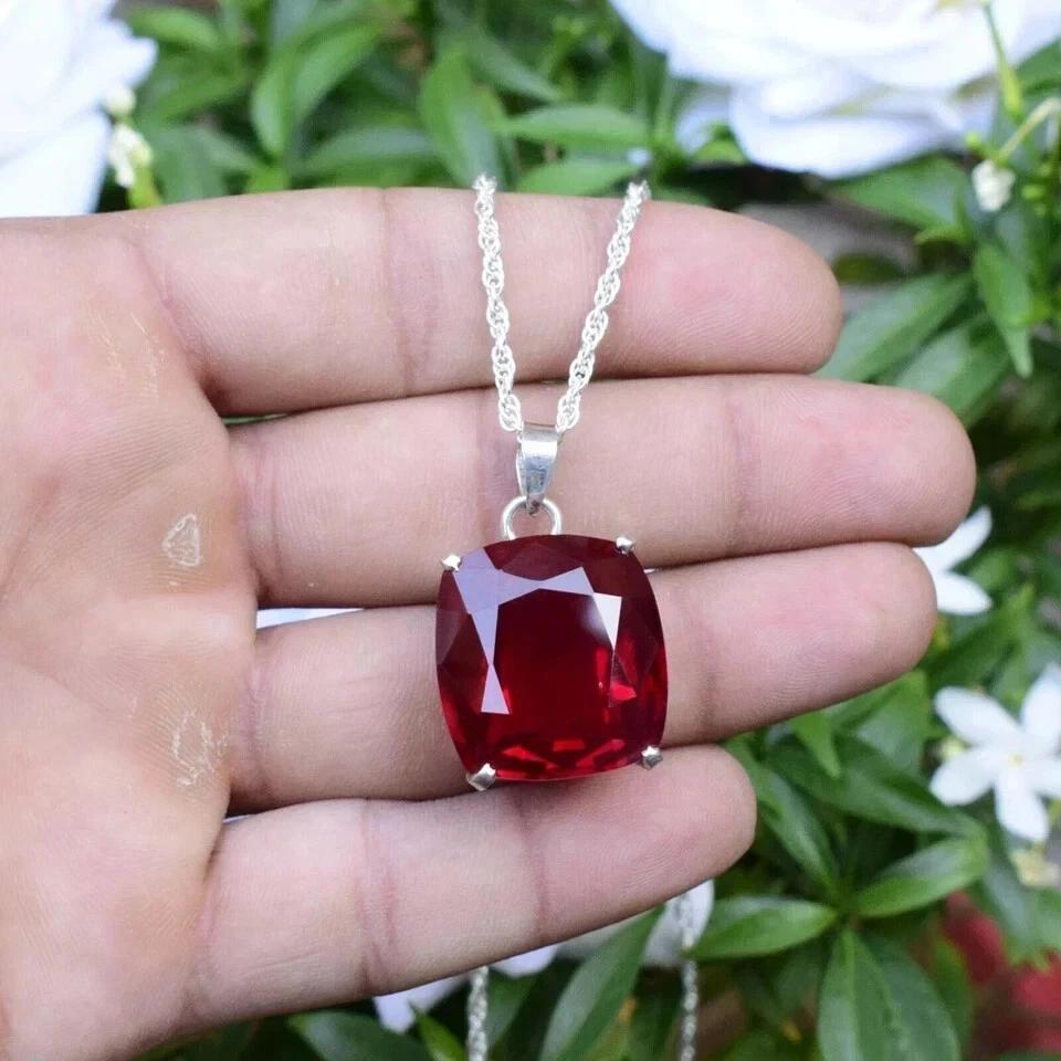 Red Ruby Natural   925 Sterling Silver 25 Ct Pendant Cushion Shape