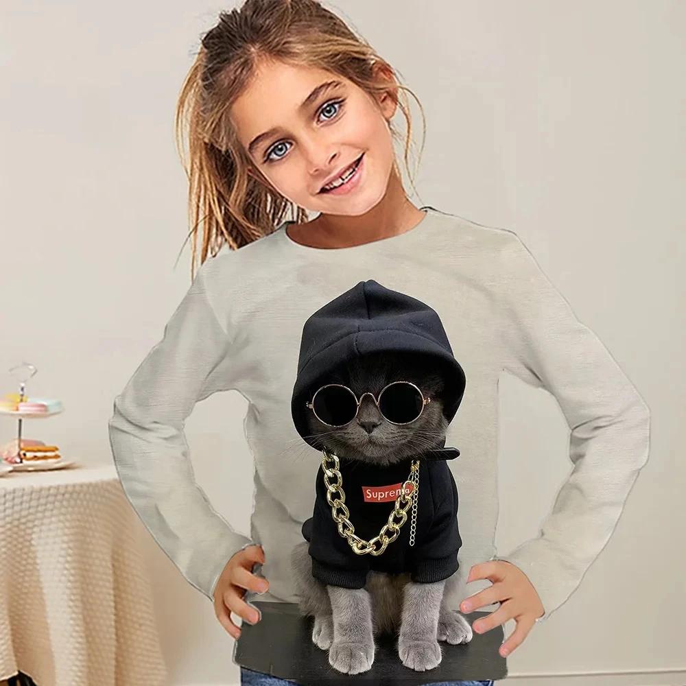 Kinderkleidung Mädchen T-Shirts Oberteil Langarm Kinder T-Shirt Niedlicher Katzenaufdruck Lässig Kinder Sommer Herbst Kleidung Mädchen Kleidung