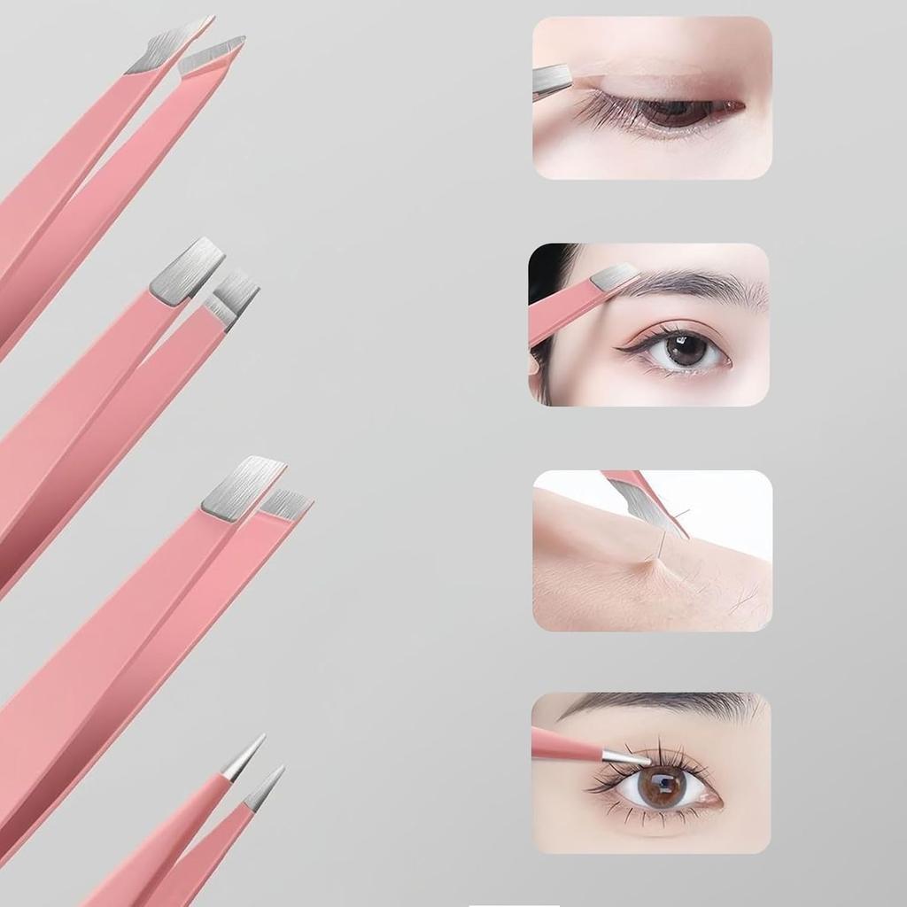 4 Pcs Professional Tweezers Set, Precision Tip for Eyebrows, Facial Hair, Splinter & Ingrown Hair, Gift for Men & Women Pink