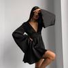 Spring and Summer Imitation Satin Acetate Black Sexy V-neck Flared Sleeves Slim and Thin Dress Versatile Short Skirt Women