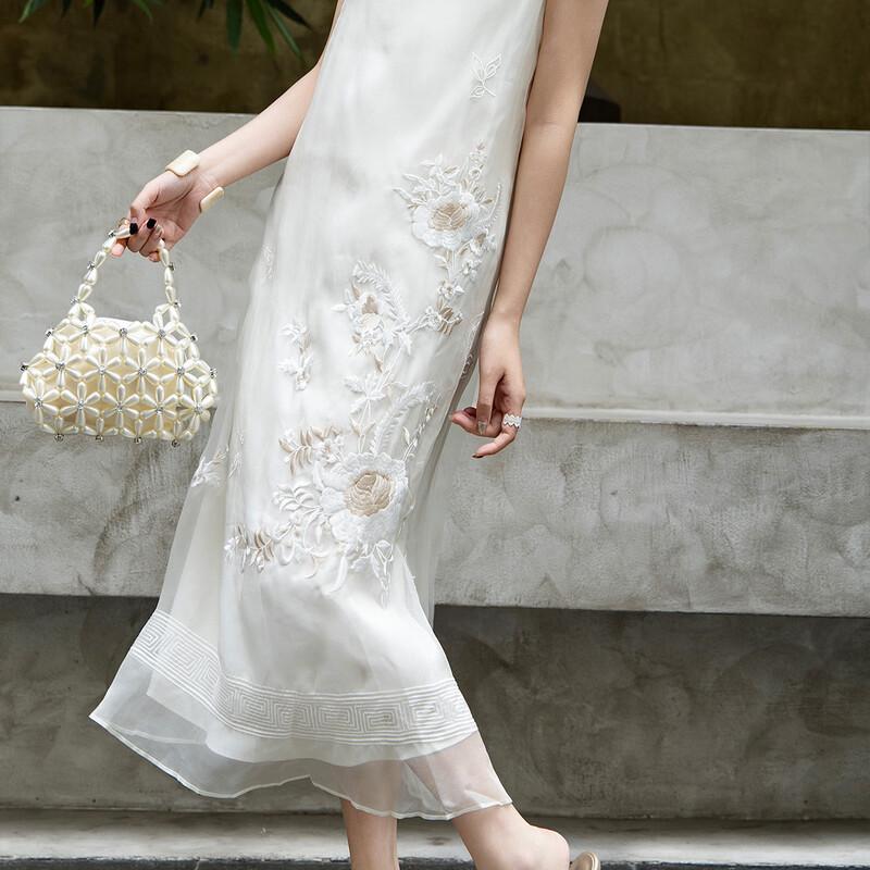 Lanseer Silk Embroidered Oblique Placket Midi Dress