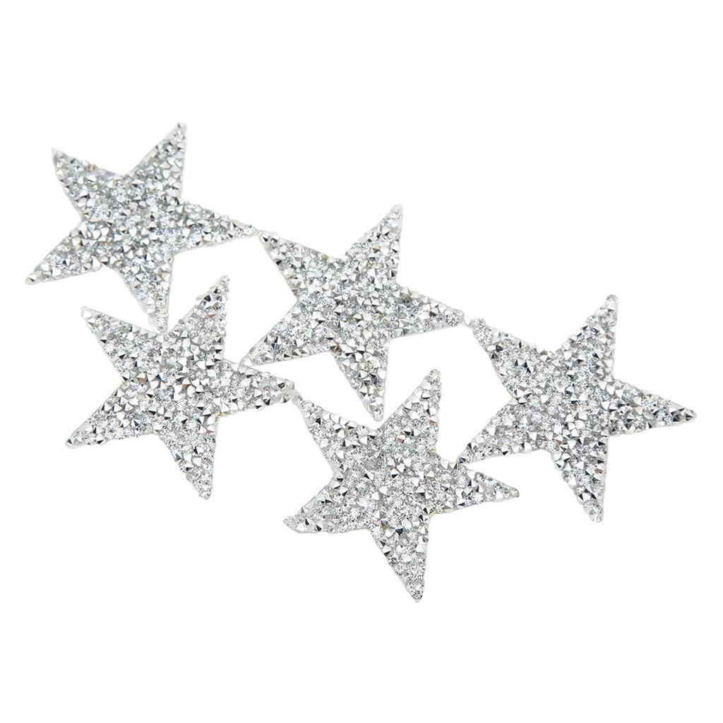 5 Pcs Star Iron On Patches 6cm Silver Resin Shiny Rhinestone Five Pointed Star Hot Melt Adhesive